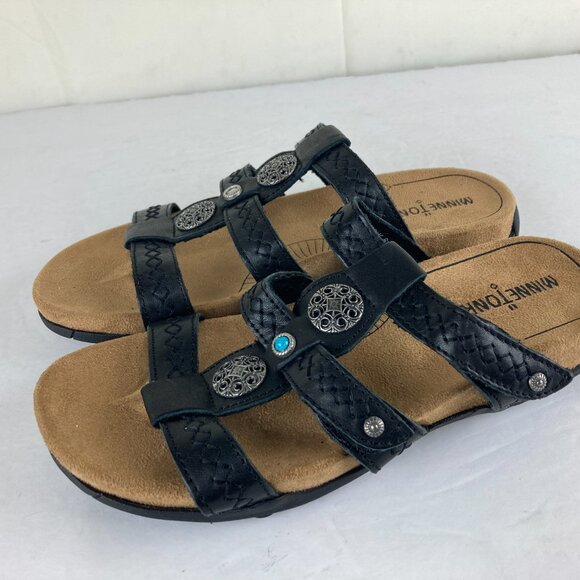 Minnetonka Womens Sz 6 Black Leather Strappy Sandals Slip On Slide Flats - Picture 3 of 7